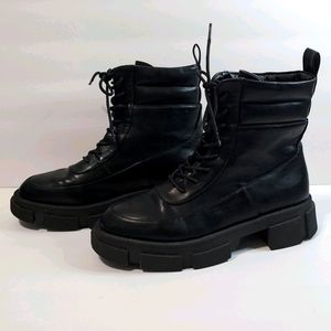 Wild Diva Black Leather Lace Up Combat Booties